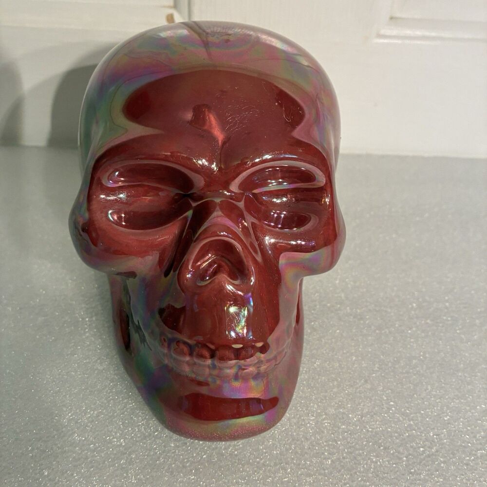 Halloween Maroon And Iridescent Ceramic Skull. 5.5” Tall. Great Decor. New